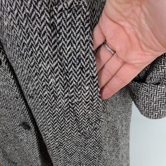 Vintage Wool Blend Coat L Black Cream 80s 90s Overcoat Trench Herringbon Classic - Picture 9 of 16